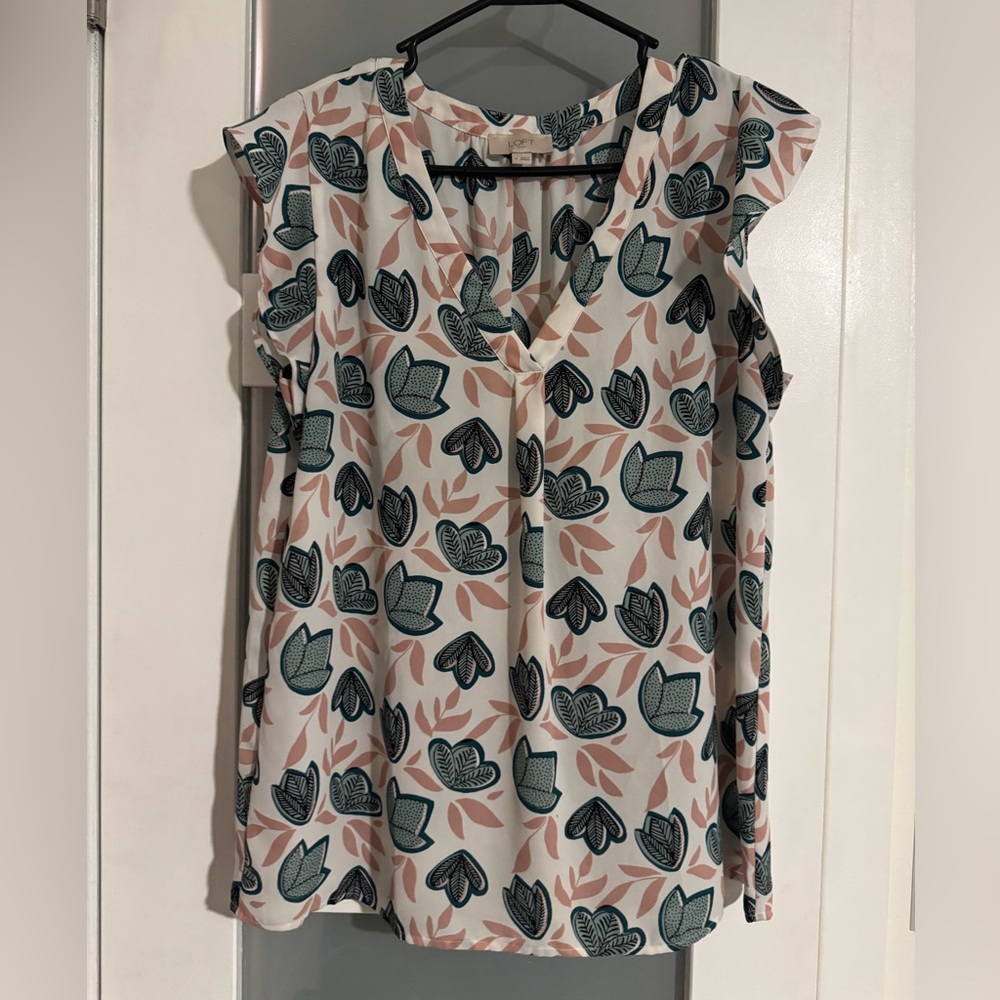 LOFT Pink and Green Leaf Print Blouse